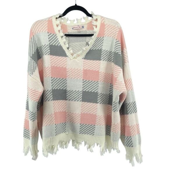 Hazel Moon Women’s Pink Grey Plaid V-Neck Distressed Fringe Pullover Sweater 3X - Picture 1 of 13